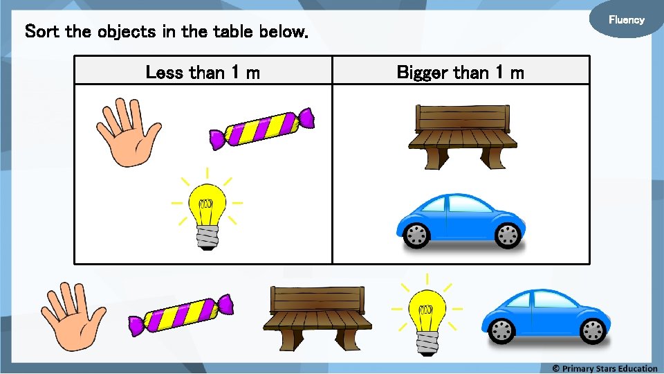 Fluency Sort the objects in the table below. Less than 1 m Bigger than