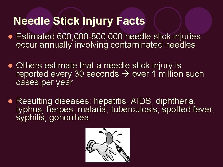 Needle Stick Injury Facts l Estimated 600, 000 -800, 000 needle stick injuries occur