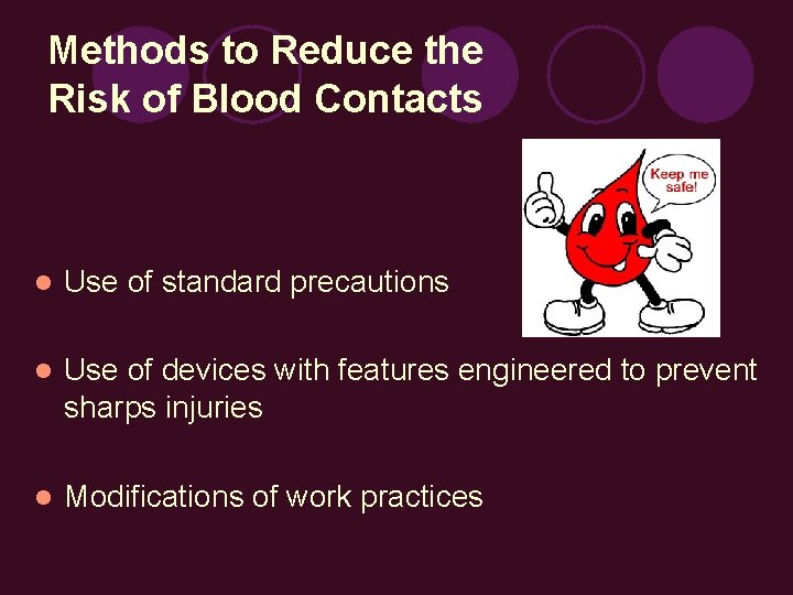 Methods to Reduce the Risk of Blood Contacts l Use of standard precautions l