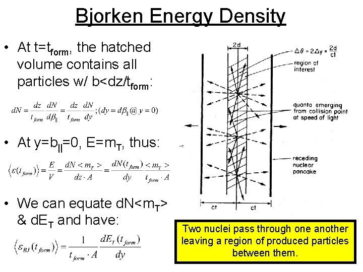 Bjorken Energy Density • At t=tform, the hatched volume contains all particles w/ b<dz/tform: