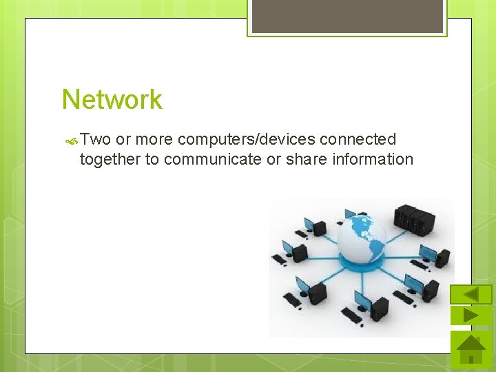 Network Two or more computers/devices connected together to communicate or share information 