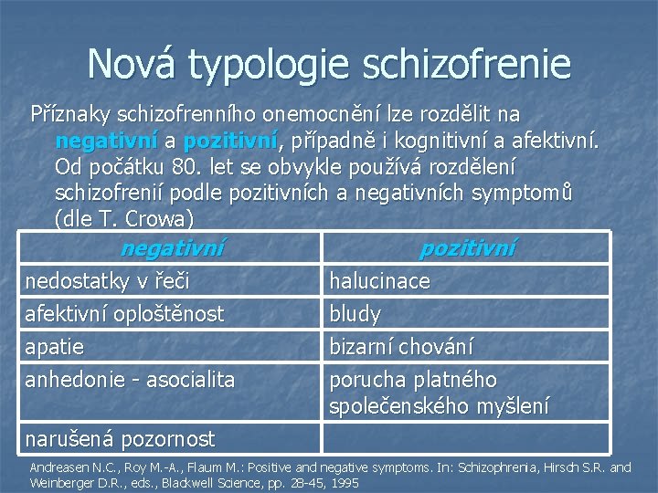 Nová typologie schizofrenie Příznaky schizofrenního onemocnění lze rozdělit na negativní a pozitivní, případně i Nová typologie schizofrenie Příznaky schizofrenního onemocnění lze rozdělit na negativní a pozitivní, případně i