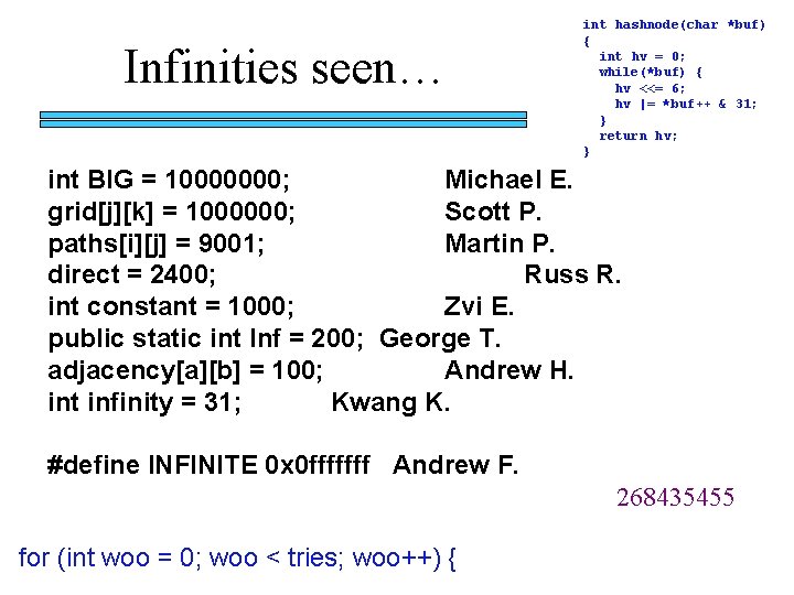 Infinities seen… int hashnode(char *buf) { int hv = 0; while(*buf) { hv <<=