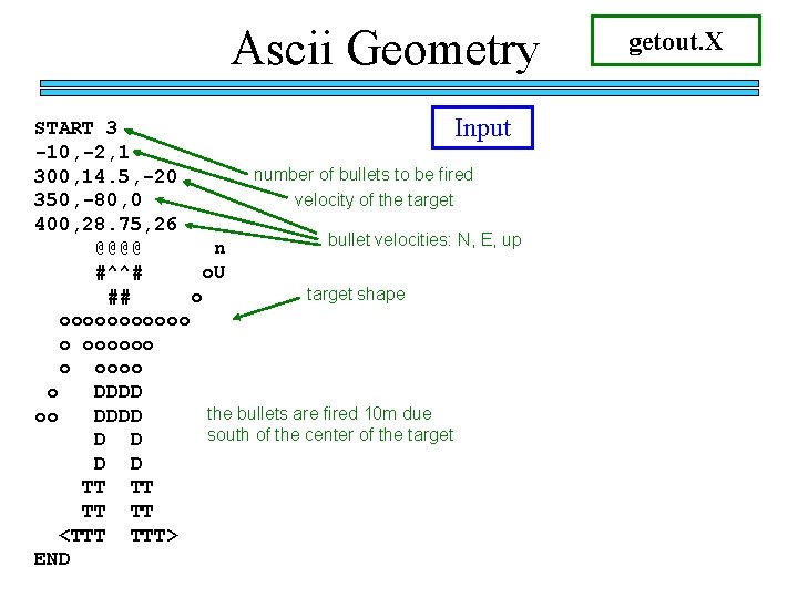 Ascii Geometry START 3 Input -10, -2, 1 number of bullets to be fired