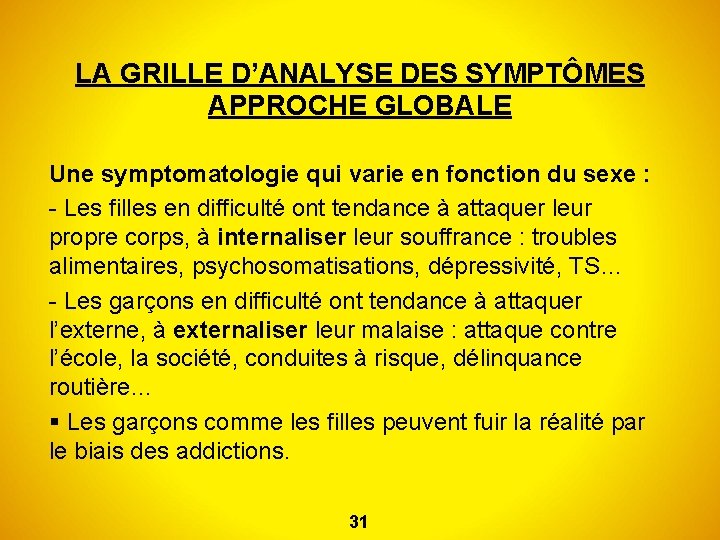 LA GRILLE D’ANALYSE DES SYMPTÔMES APPROCHE GLOBALE Une symptomatologie qui varie en fonction du