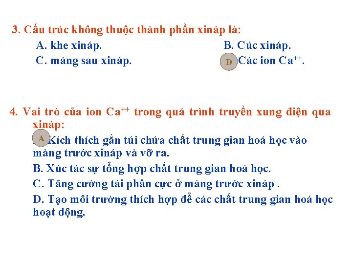 3. Cấu trúc không thuộc thành phần xináp là: A. khe xináp. B. Cúc