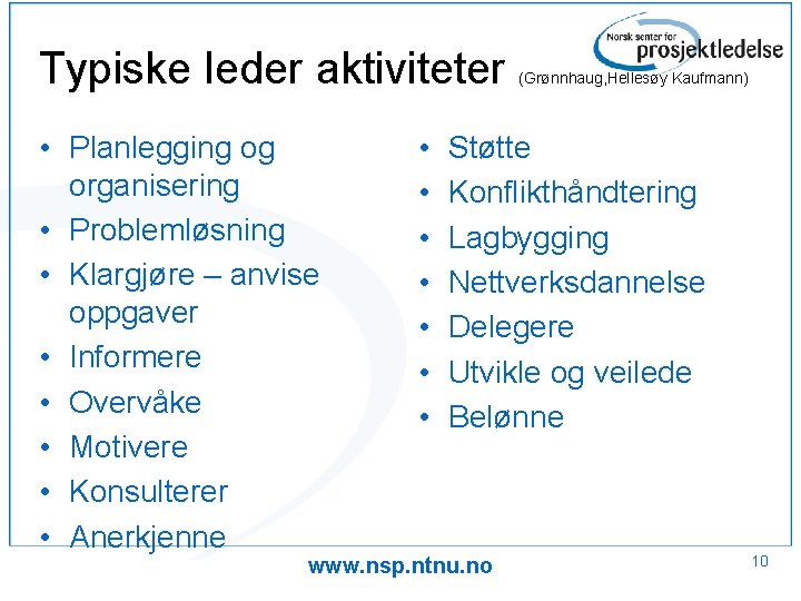 Typiske leder aktiviteter • Planlegging og organisering • Problemløsning • Klargjøre – anvise oppgaver
