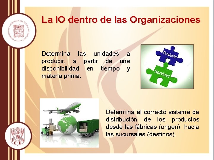 La IO dentro de las Organizaciones Determina las unidades a producir, a partir de