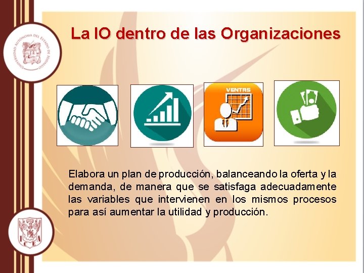La IO dentro de las Organizaciones Elabora un plan de producción, balanceando la oferta