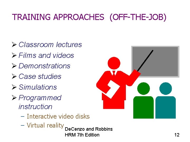 TRAINING APPROACHES (OFF-THE-JOB) Ø Classroom lectures Ø Films and videos Ø Demonstrations Ø Case