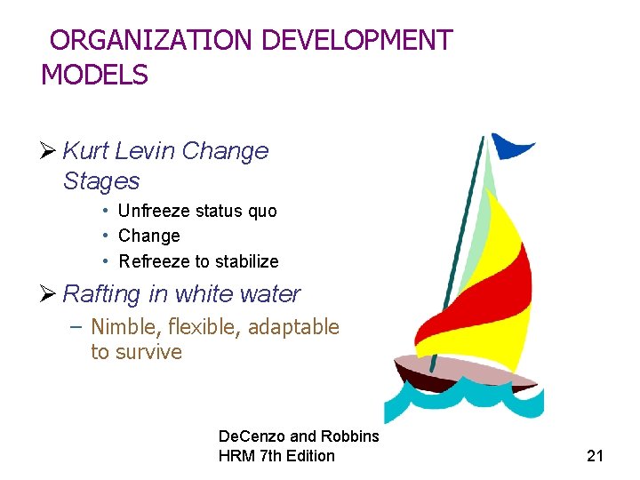 ORGANIZATION DEVELOPMENT MODELS Ø Kurt Levin Change Stages • Unfreeze status quo • Change