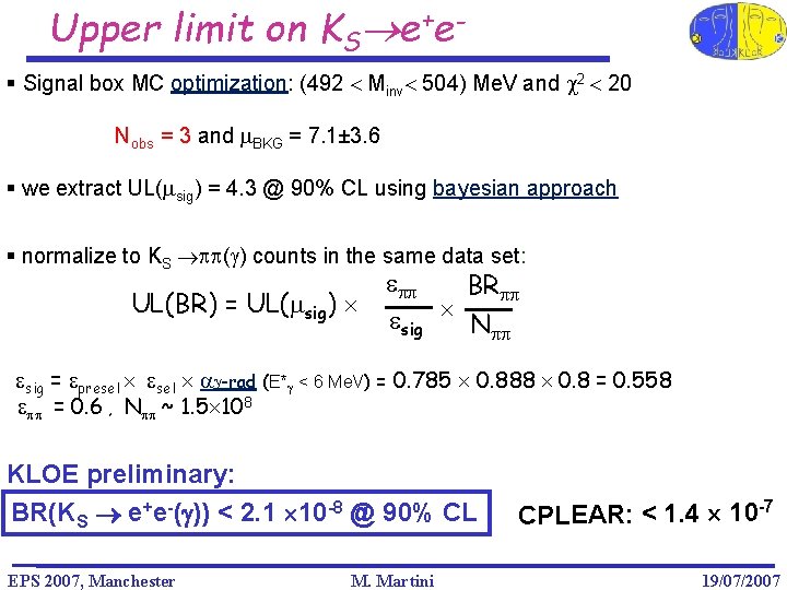 Upper limit on KS e+e§ Signal box MC optimization: (492 Minv 504) Me. V