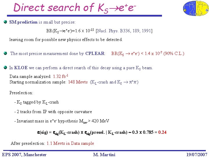 Direct search of KS e+e. SM prediction is small but precise: BR(KS e+e-)=1. 6