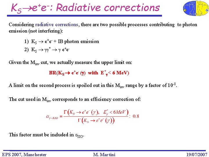 KS e+e-: Radiative corrections Considering radiative corrections, there are two possible processes contributing to
