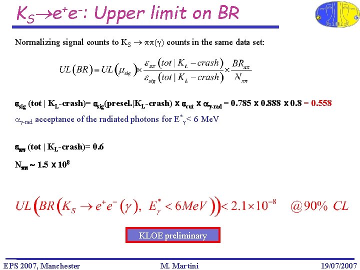 KS e+e-: Upper limit on BR Normalizing signal counts to KS pp(g) counts in