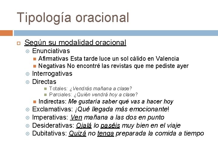 Tipología oracional Según su modalidad oracional Enunciativas Afirmativas Esta tarde luce un sol cálido