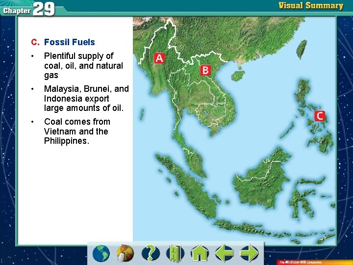 C. Fossil Fuels • Plentiful supply of coal, oil, and natural gas • Malaysia,