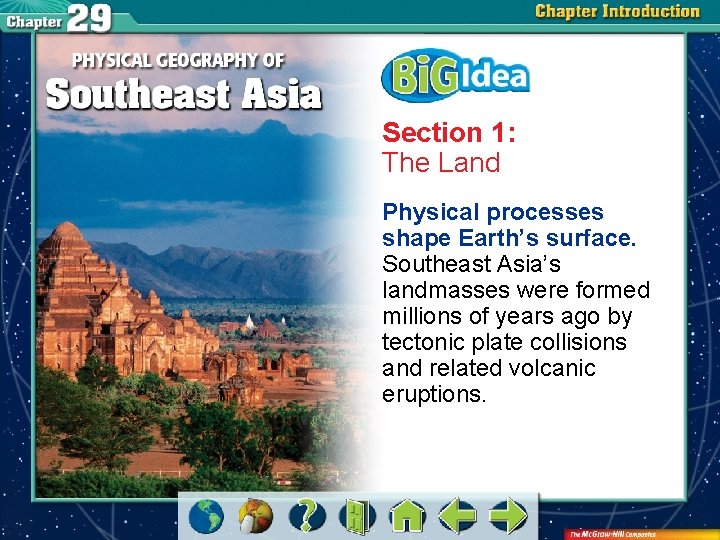 Section 1: The Land Physical processes shape Earth’s surface. Southeast Asia’s landmasses were formed