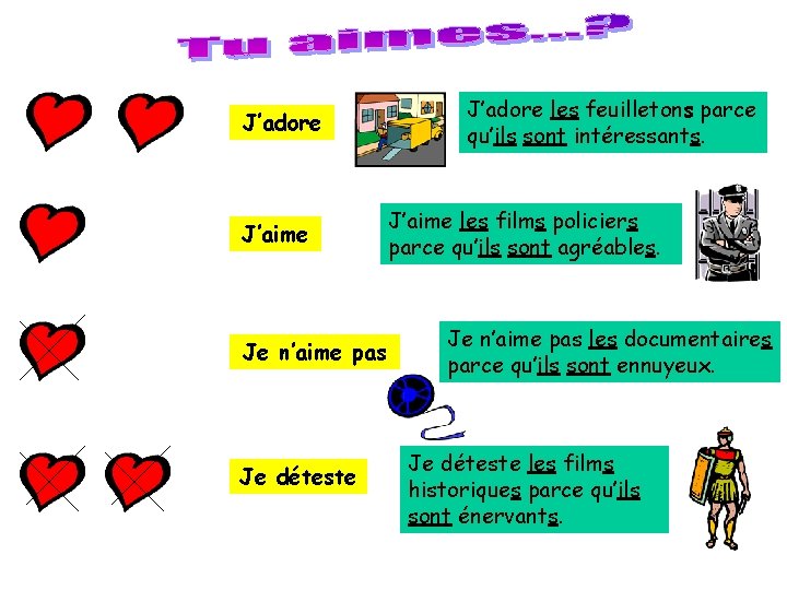 J’adore J’aime Je n’aime pas Je déteste J’adore les feuilletons parce qu’ils sont intéressants. J’adore J’aime Je n’aime pas Je déteste J’adore les feuilletons parce qu’ils sont intéressants.