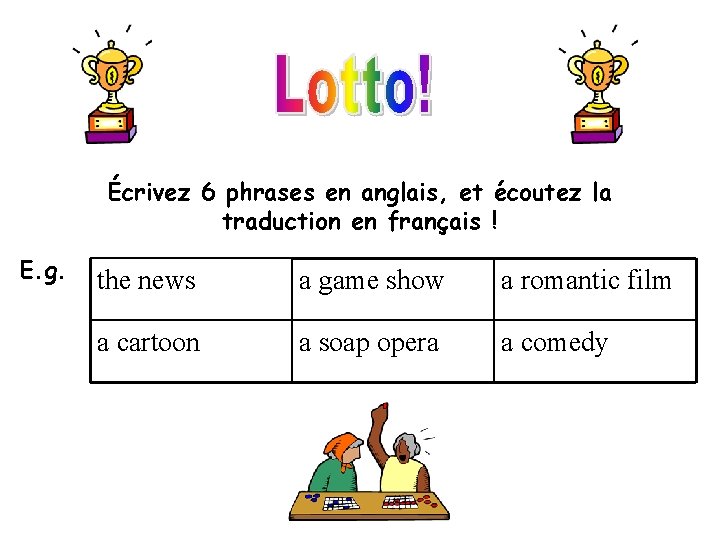 Écrivez 6 phrases en anglais, et écoutez la traduction en français ! E. g. Écrivez 6 phrases en anglais, et écoutez la traduction en français ! E. g.
