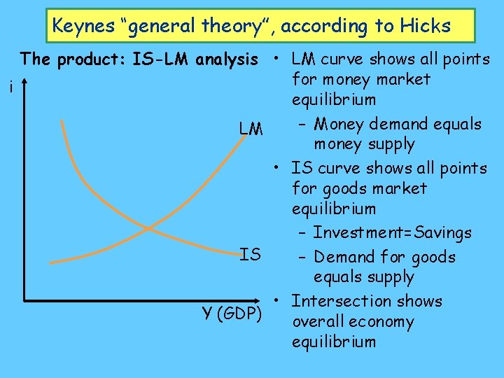 Keynes “general theory”, according to Hicks The product: IS-LM analysis • LM curve shows