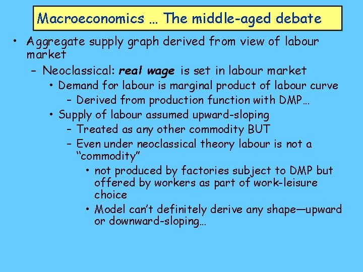 Macroeconomics … The middle-aged debate • Aggregate supply graph derived from view of labour