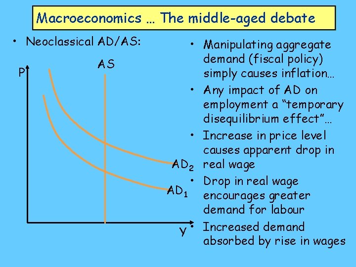 Macroeconomics … The middle-aged debate • Neoclassical AD/AS: P AS • Manipulating aggregate demand