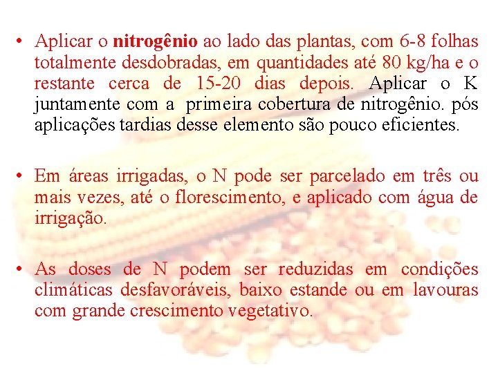  • Aplicar o nitrogênio ao lado das plantas, com 6 -8 folhas totalmente