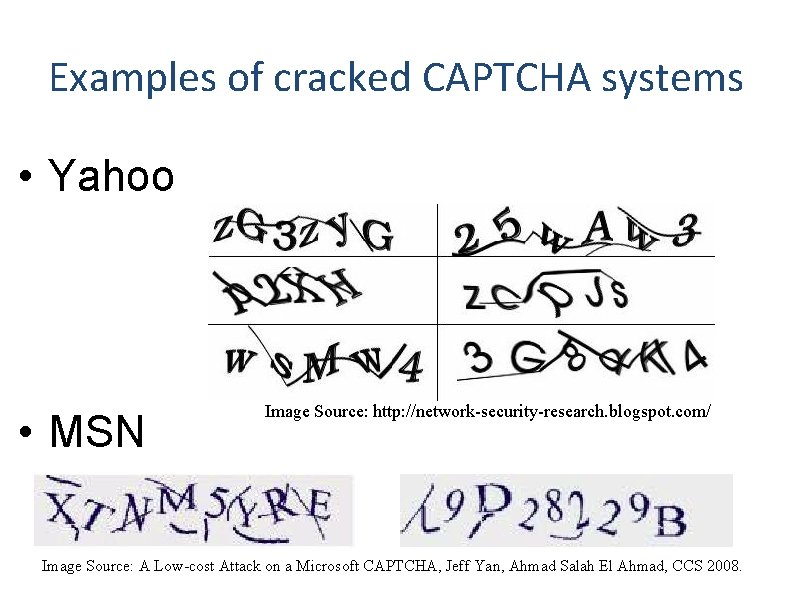 Examples of cracked CAPTCHA systems • Yahoo • MSN Image Source: http: //network-security-research. blogspot.