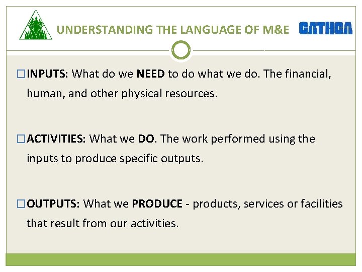 UNDERSTANDING THE LANGUAGE OF M&E �INPUTS: What do we NEED to do what we