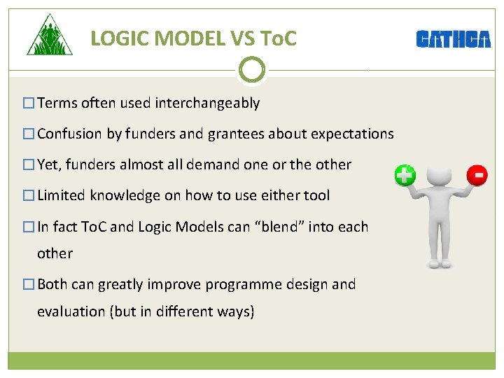 LOGIC MODEL VS To. C � Terms often used interchangeably � Confusion by funders