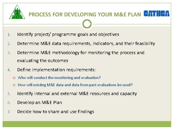 PROCESS FOR DEVELOPING YOUR M&E PLAN 1. Identify project/ programme goals and objectives 2.