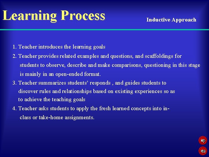 Learning Process Inductive Approach 1. Teacher introduces the learning goals 2. Teacher provides related