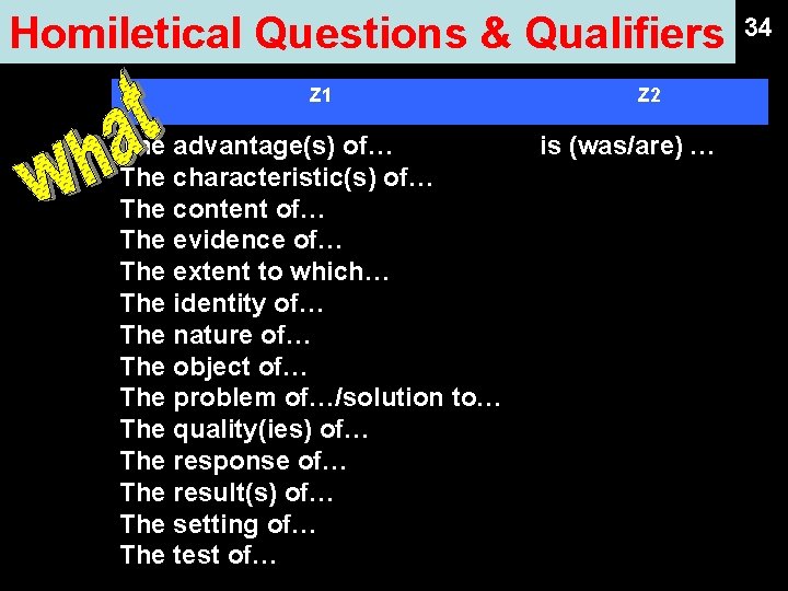 Homiletical Questions & Qualifiers Z 1 The advantage(s) of… The characteristic(s) of… The content