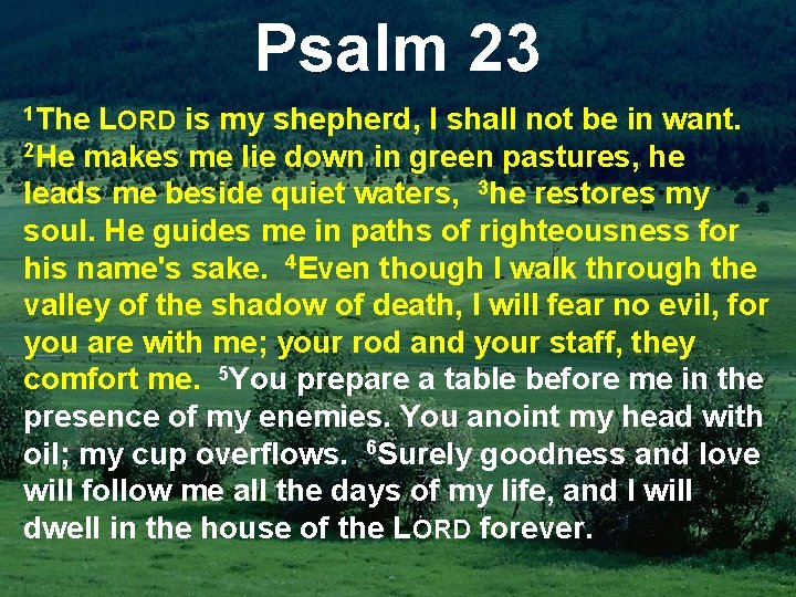 Psalm 23 1 The LORD is my shepherd, I shall not be in want.
