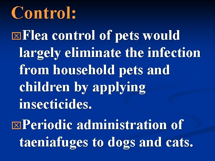 Control: x. Flea control of pets would largely eliminate the infection from household pets