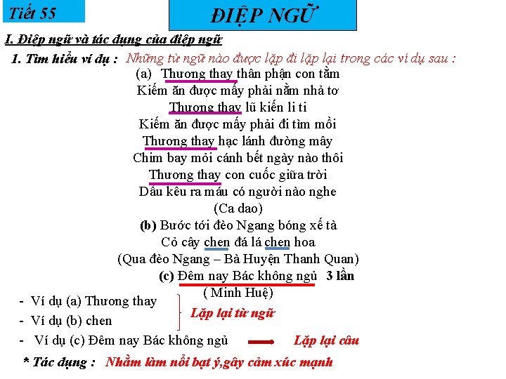 Tiết 55 ĐIỆP NGỮ I. Điệp ngữ và tác dụng của điệp ngữ 1.