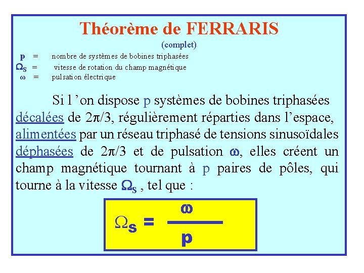 Théorème de FERRARIS (complet) p = S = ω = nombre de systèmes de