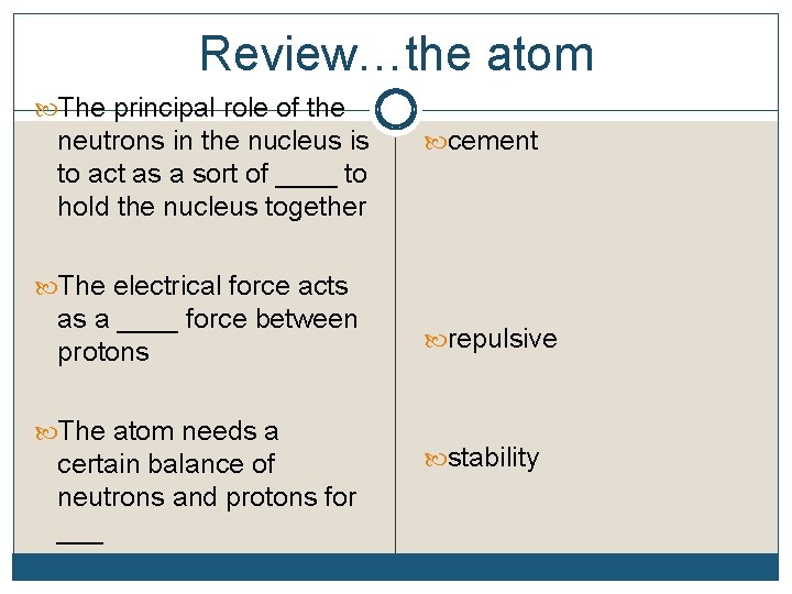 Review…the atom The principal role of the neutrons in the nucleus is to act