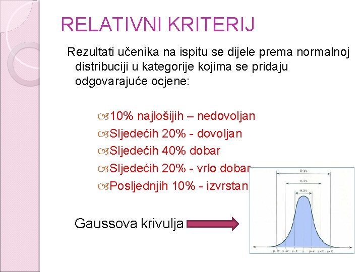 RELATIVNI KRITERIJ Rezultati učenika na ispitu se dijele prema normalnoj distribuciji u kategorije kojima