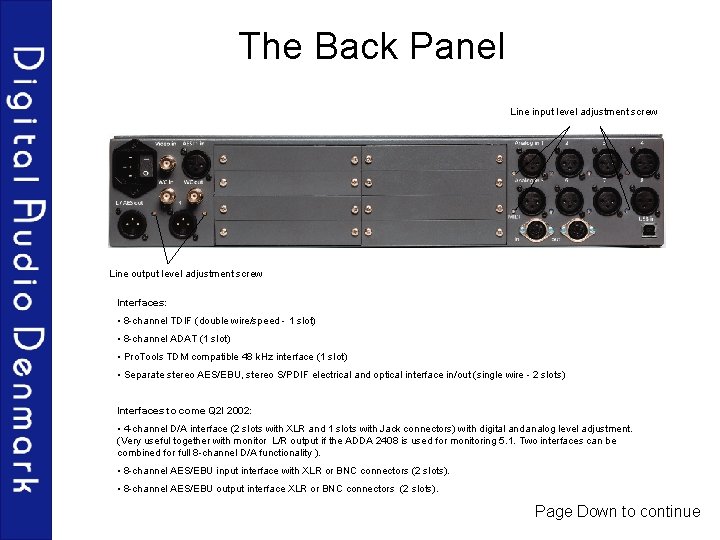 The Back Panel Line input level adjustment screw Line output level adjustment screw Interfaces: