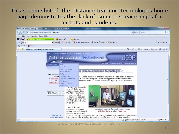 This screen shot of the Distance Learning Technologies home page demonstrates the lack of