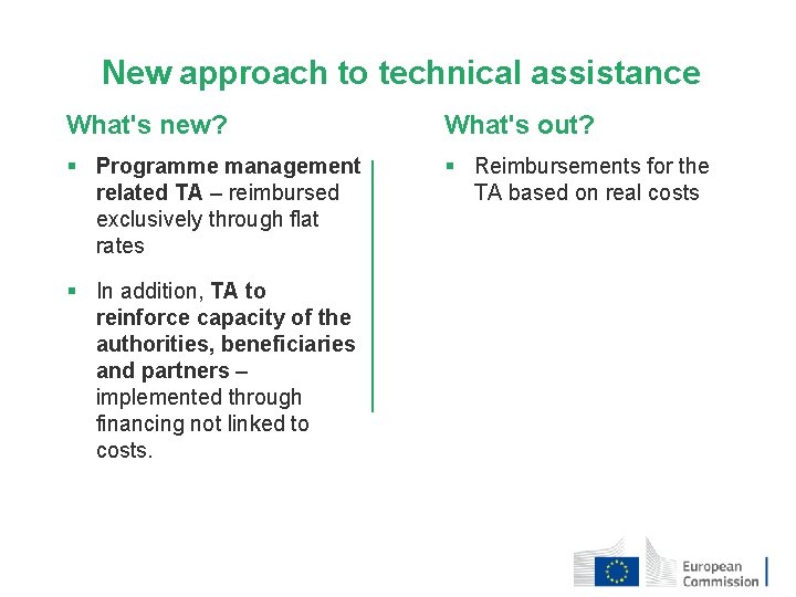New approach to technical assistance What's new? What's out? § Programme management related TA