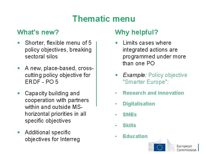 Thematic menu What's new? Why helpful? § Shorter, flexible menu of 5 policy objectives,