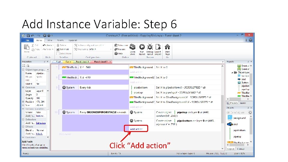 Add Instance Variable: Step 6 Click “Add action” 
