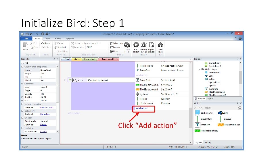 Initialize Bird: Step 1 Click “Add action” 