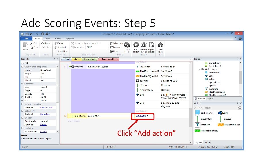 Add Scoring Events: Step 5 Click “Add action” 