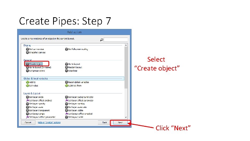 Create Pipes: Step 7 Select “Create object” Click “Next” 