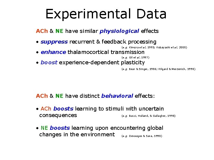 Experimental Data ACh & NE have similar physiological effects • suppress recurrent & feedback