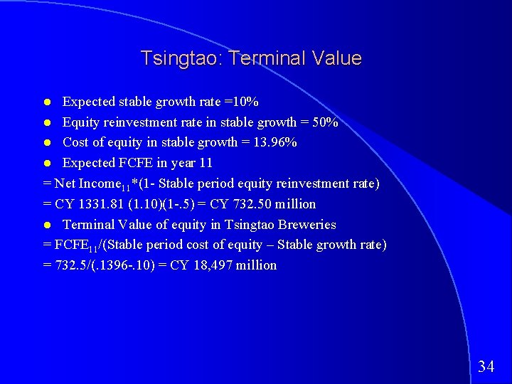 Tsingtao: Terminal Value Expected stable growth rate =10% Equity reinvestment rate in stable growth